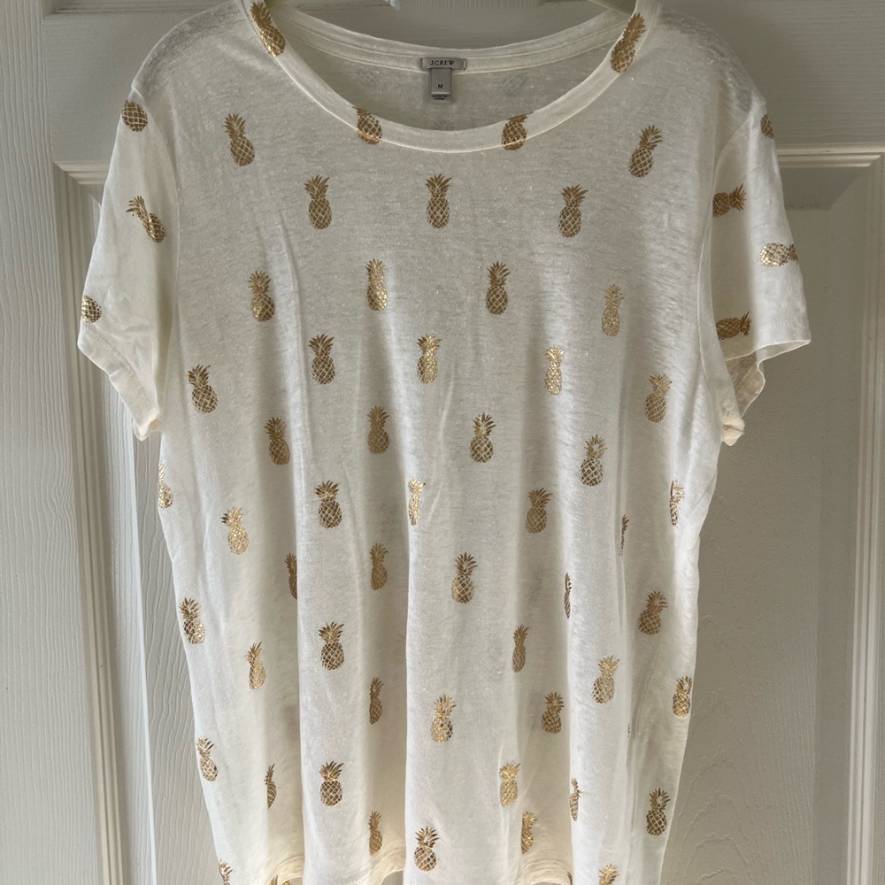 J. Crew White Linen Tshirt with Gold Pineapple Print